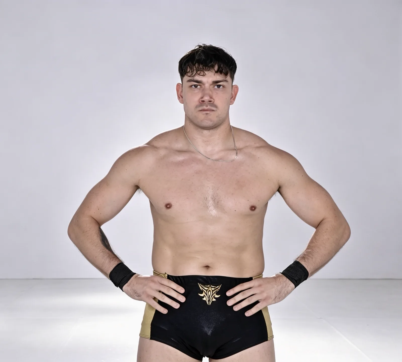 Handsome Jay studio portrait in black and gold gear